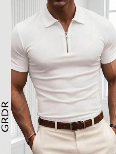 GRDR Camisa polo de manga corta con cuello de media cremallera para hombre, unicolor, clásica de manga corta adecuada para uso casual al aire libre