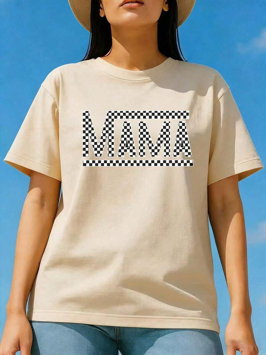 NewSummerCasualPAYEAH 1 Piece Crew Neck T-Shirt With "Mama" Letter Print 100% Cotton - Soft Medium Stretch Polyester Short Sleeve Top For Spring And Summer - Relaxed Fit, Casual, Alphabet Print, Positioned Print, Regular Length, Knit Fabric, All Seasons Wear, 220g Thick Cotton T-Shirt - Vintage Urban Style, Unisex Loose Fit Short Sleeve Crew Neck Cotton T-Shirt - 杏色 - 查看 1