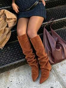 Shark Boots Women's Knee High Boots Fold Over Boots Slouchy Chunky High Heels Shoes Wide Calf Pointed Toe Shoes - 棕色絨面革 - 查看 6