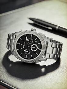 Fossil Men's Chronograph Watch Luxury Brand Machine Black Dial Stainless Steel Bracelet Sport Dress Watch | Silver Knurled Bezel Three Subdial Date Display Analog Wristwatch | Bold Gift for Him Birthday Father's Day Graduation Business Travel Outdoor Adventure - 銀色 - 查看 4