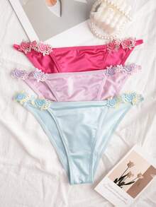 Bộ 3 quần bikini viền ren satin, đồ lót gợi cảm. - Nhiều màu - Xem 1