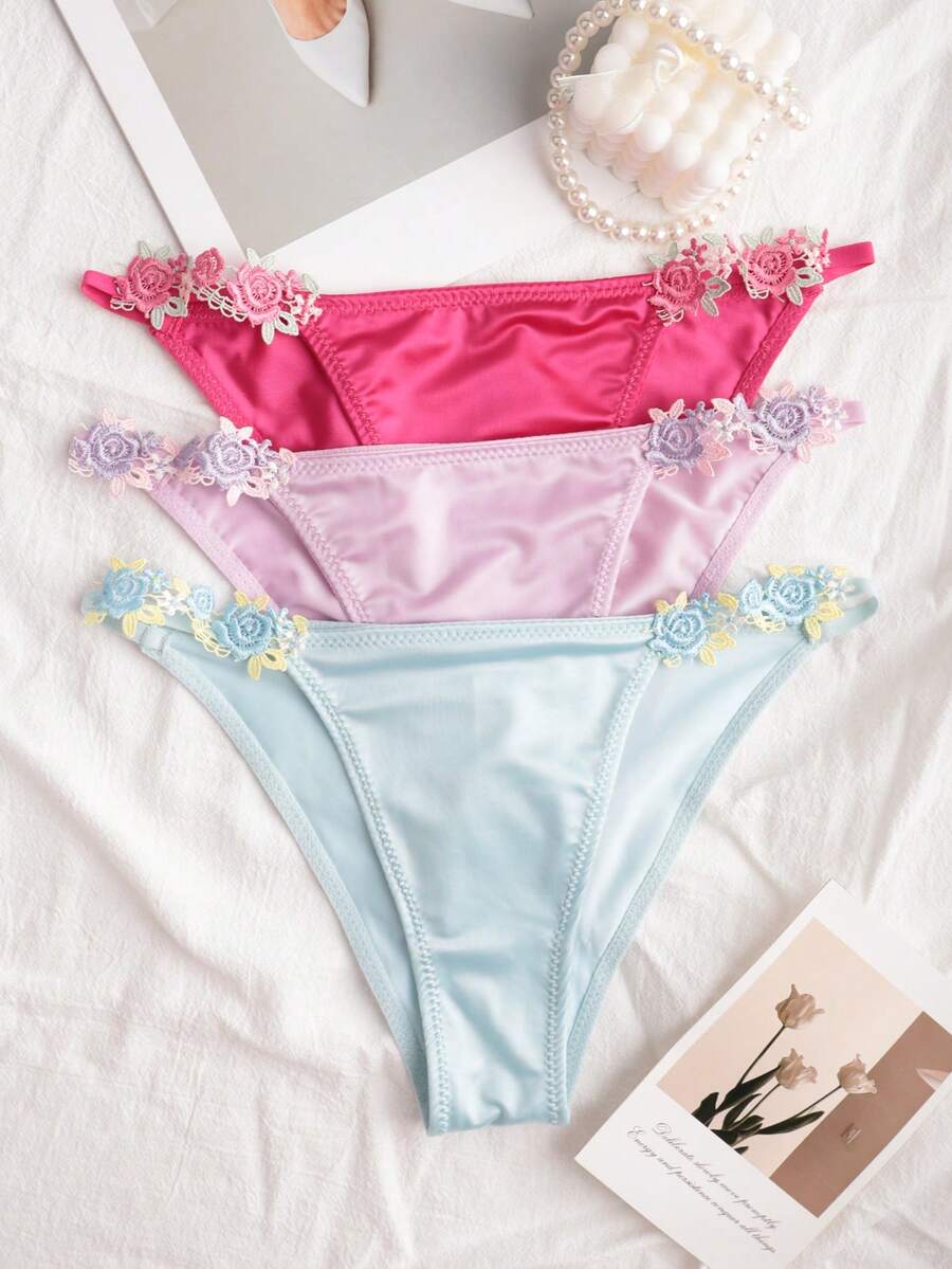 Bộ 3 quần bikini viền ren satin, đồ lót gợi cảm. - Nhiều màu - Xem 1