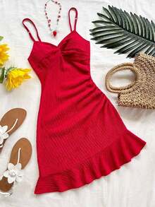 Vestido mini ajustado con cintura ceñida, bajo con volantes y giro asimétrico en el pecho, tejido en rojo, adecuado para vacaciones, citas, té de la tarde, vacaciones, festivales de música, estilo bohemio - Rojo - Ver 7
