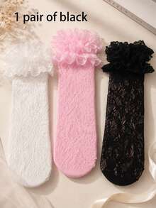 1 Pair Women's Sweet Ruffle Lace Sheer Ankle Socks, Cute Lolita Style, Thin Socks For Spring And Summer, Suitable For Daily And Party Wear - Multicolor - View 5