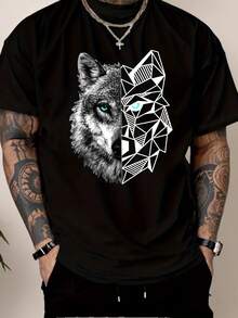 Modern Style Casual T-Shirt, Short Sleeve With Wolf Print, 100% Polyester, Lightweight 180g/M², Regular Fit And Crew Neck, Comfortable And Stretchy For Summer, Everyday Fashion Clothing, Ideal As A Gift - 黑色 - 查看 1
