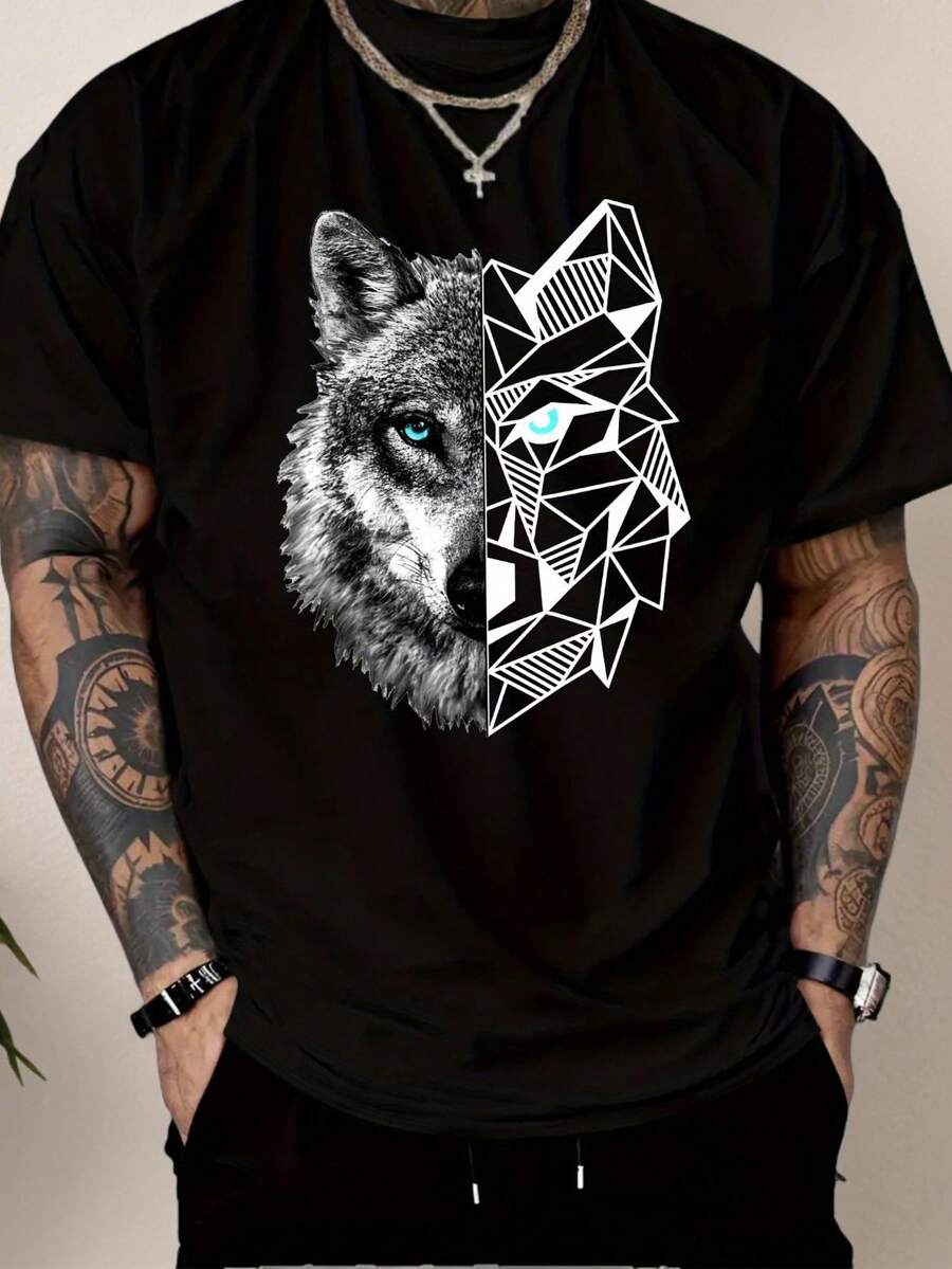 Modern Style Casual T-Shirt, Short Sleeve With Wolf Print, 100% Polyester, Lightweight 180g/M², Regular Fit And Crew Neck, Comfortable And Stretchy For Summer, Everyday Fashion Clothing, Ideal As A Gift - 黑色 - 查看 1