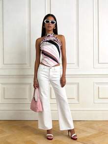 Vintage Elegant Sexy Halter Backless Tie Satin Abstract Print Summer Blouse For Women Pink - Pink - View 8