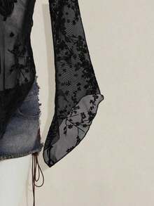ICON Cárdigan transparente con mangas acampanadas y bajo asimétrico con estampado vintage para mujeres - Niebla azul - Ver 4