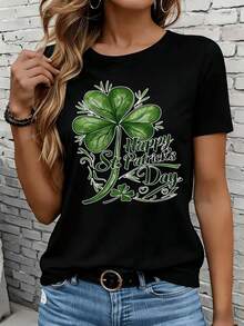 Las camisetas de manga corta para mujer en blanco y negro son adecuadas para el ocio diario, el hogar y los viajes al aire libre. Camiseta de mujer con estampado de trébol de San Patricio, top de algodón blanco con estampado de trébol de la suerte, camiseta casual de verano para la celebración del Día de San Patricio, regalo para fiestas. - Negro - Ver 7