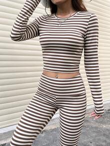 Pantalones acampanados de cintura ancha a rayas casuales para mujer, leggings de cintura alta con pliegues y ajuste delgado para uso diario y en el hogar - Caqui - Ver 4