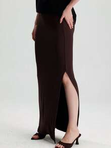 RoseArya High Waist High Slit Maxi Skirt - Brown - View 4