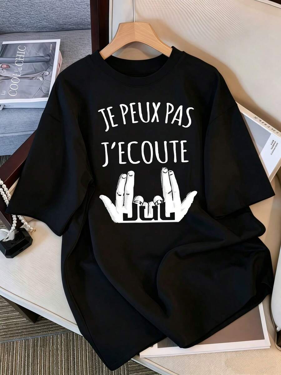 2026 T-Shirt, Graphic T-Shirt "Jul Je Peux Pas J'écoute", Oversized French Rapper T-Shirt, Casual Black Cotton Top, Retro Bootleg Style K-Pop Idol Oversized T-Shirt, Vintage Graphic Print T-Shirt, Casual Short-Sleeved Top, K-Pop Fan Merchandise, Black Streetwear T-Shirt For Fans, Vintage K-Pop Star Graphic T-Shirt, Oversized Short-Sleeved T-Shirt With Retro Letter Print, Casual Black Crew Neck Top, Gift For Streetwear Style Idol Fans, Comfortable Loose-Fitting Cotton Blend T-Shirt For Women And Men. - Black - View 1