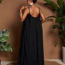 Plus Size Women Solid Color Casual Vacation Daily Wear Sleeveless Off Shoulder Ruffle Patchwork Loose Flared Maxi Dress, Summer - Burdeos - Ver 7