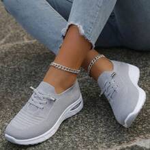 Women's Breathable Knit Slip-On Tennis Shoes - Lightweight, Comfortable Wedge Sneakers For Casual Walking & Daily Wear - 淺灰色 - 查看 3
