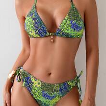 Bikini Set With Vintage Floral Print, Strapless Triangle Top And Lined Briefs, Two-Piece Set In Pink - Red Stamp - View 9
