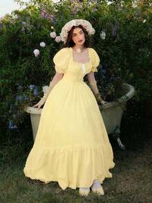 MOD Vestido largo de encaje blanco con volantes estilo victoriano vintage, vestido de fiesta, vestido de graduación, con exquisita mano de obra - amarillo ganso - Ver 7