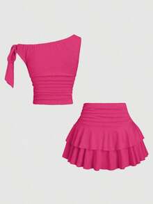 Conjunto de top de tirantes y minifalda plisada y con decoración de flores metálicas para mujer, ideal para el verano - Rosa Fucsia - Ver 2
