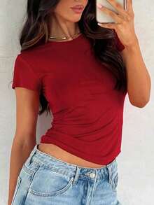 Camiseta De Verano Para Mujer unicolor De Cuello Redondo Y Manga Corta De Ajuste Delgado - Rojo - Ver 1