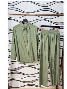Linen Shirt And Pants Set, 2 Pieces, Lined With Elastic. - Verde de judía - Ver 3