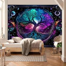 1pc Bohemian Style Tree Of Life Pattern Tapestry, Modern Polyester Square Decorative Wall Hanging Suitable For Living Room And Bedroom - Multicolor - View 5