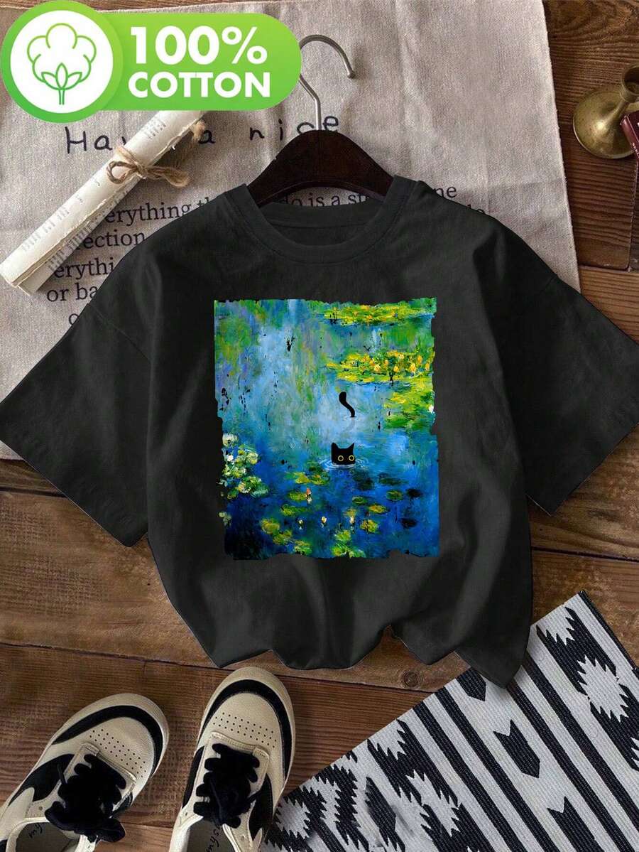 T-Shirt With A Water Lily And Black Cat Print, Casual Short-Sleeved Top With A Round Neck, Ideal For Summer And Spring, Women's Clothing - 黑色 - 查看 1