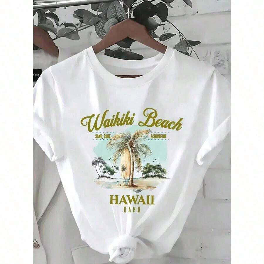 Camiseta Casual de Manga Corta para Mujer - Estampado Gráfico de Surf Hawaiano y Playa de Waikiki, Cuello Redondo de Alta Elasticidad, Tela Opaca Lavable a Máquina para Primavera, Verano y Otoño, Estilo Tropical para Vacaciones, Ropa de Verano, Camiseta con Estampado Hawaiano, Camiseta de Ajuste Cómodo y Ligero - Blanco - Ver 1