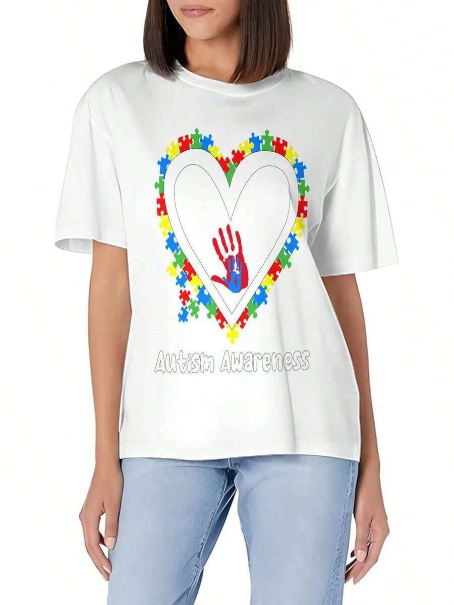 Camiseta Básica de Cuello Redondo para Mujer con Diseño de Mano de Concientización sobre el Autismo - Algodón Suave, Corte Ajustado, Versátil para Uso Diario - Estilo Urbano Vintage, Unisex, Camiseta Holgada de Manga Corta de Algodón con Cuello Redondo, blusas para mujer, playeras de mujer, blusas casuales para dama. - Blanco - Ver 1