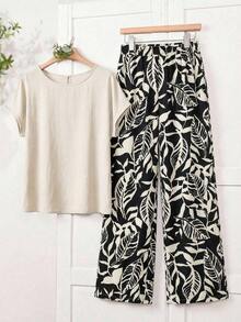 Conjunto de 2 piezas para mujer con blusa de unicolor de cuello redondo y manga corta, y pantalones anchos con estampado de flores para el verano - Multicolor - Ver 8