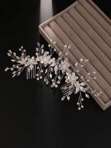 1pc Flower & Leaf Decor Crystal Hair Comb,Festival,Birthday - Silver - View 6