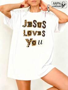 Camiseta de moda de mujeres Blanco Jesús te ama Impresión de leopardo y texto cómodo vestido casual para tres cotidianos y declaraciones religiosas - Blanco - Ver 2