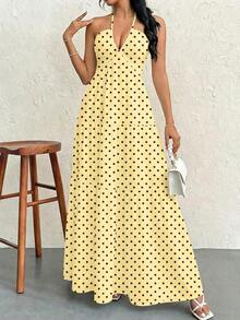 Vestido maxi sin espalda con cuello halter de crepé y lazo para ocasiones en complejos turísticos y bodas - Multicolor 4 - Ver 5