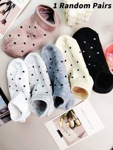 1/5 Pairs Women Polka Dot Casual Boat Socks, Black/White Invisible Short Ankle Socks, Polka Dot Invisible Socks, Random Color (No Cardboard) - Multicolor - View 6