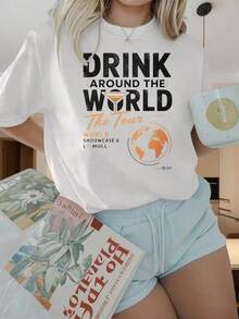 Camiseta de Mujer con Estampado Gráfico, Algodón Ligero, Verano, Cuello Redondo, Manga Corta. Camiseta Drink Around The World The Tour World Showcase, Talla L, Negra, Unisex, Casual, con Estampado Gráfico para Mujeres y Hombres. Estampados Divertidos Ideales para Fiestas de Navidad, Actividades Deportivas, Fiestas de Vacaciones, Salidas, Deportes y Otros Regalos Festivos (220g). Oversize Camiseta Mujer Estampado 100% Algodón Puro - Blanco - Ver 4