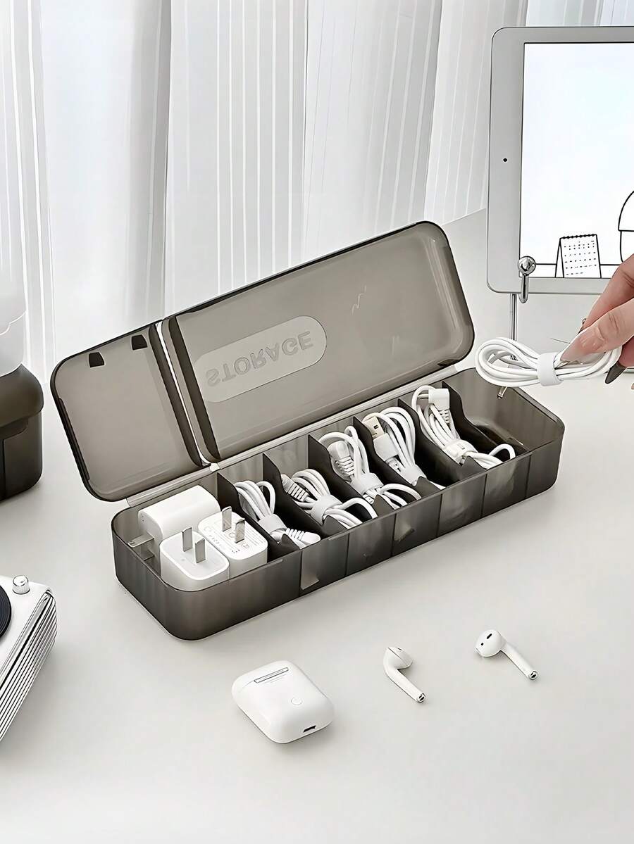 1pc Cable Organizer Box, Cord Storage Box, Desktop Cable Management, Multi-Compartment Cable Box, Dustproof Storage Container, Charger Organizer, Earphone Storage Box, Small Accessories Organizer Case, Home Office Desk Organizer
