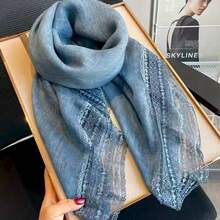 Korean-Style Solid Color Lace-Trimmed Square Scarf, Spring Silk Scarf, Versatile Artistic Scarf Women, Decorative Neck Scarf, Headscarf, Shawl - Màu xanh lam - Xem 3