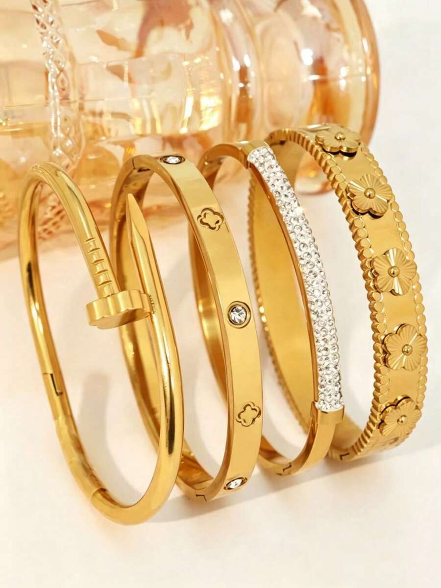 4件套奢华百搭不锈钢手链,低过敏性不褪色水钻复古手链 - 金黃色 - 查看 1