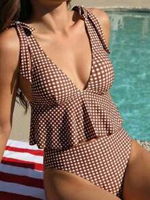 Mod Conjunto de traje de baño de 2 piezas para mujer con top corta de tirantes finos con estampado de cuadros y nudo delantero, y Bottom tipo bikini con cordón en la cintura, para verano - Marrón - Ver 5