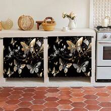 1pc Black & Gold Butterfly Print Polyester Short Plush Tablecloth, Ideal Home Decor For Kitchen Cabinet, Laundry Cabinet, Storage Cabinet, Can Also Be Used As Short Curtain For Windows - Multicolor - View 2