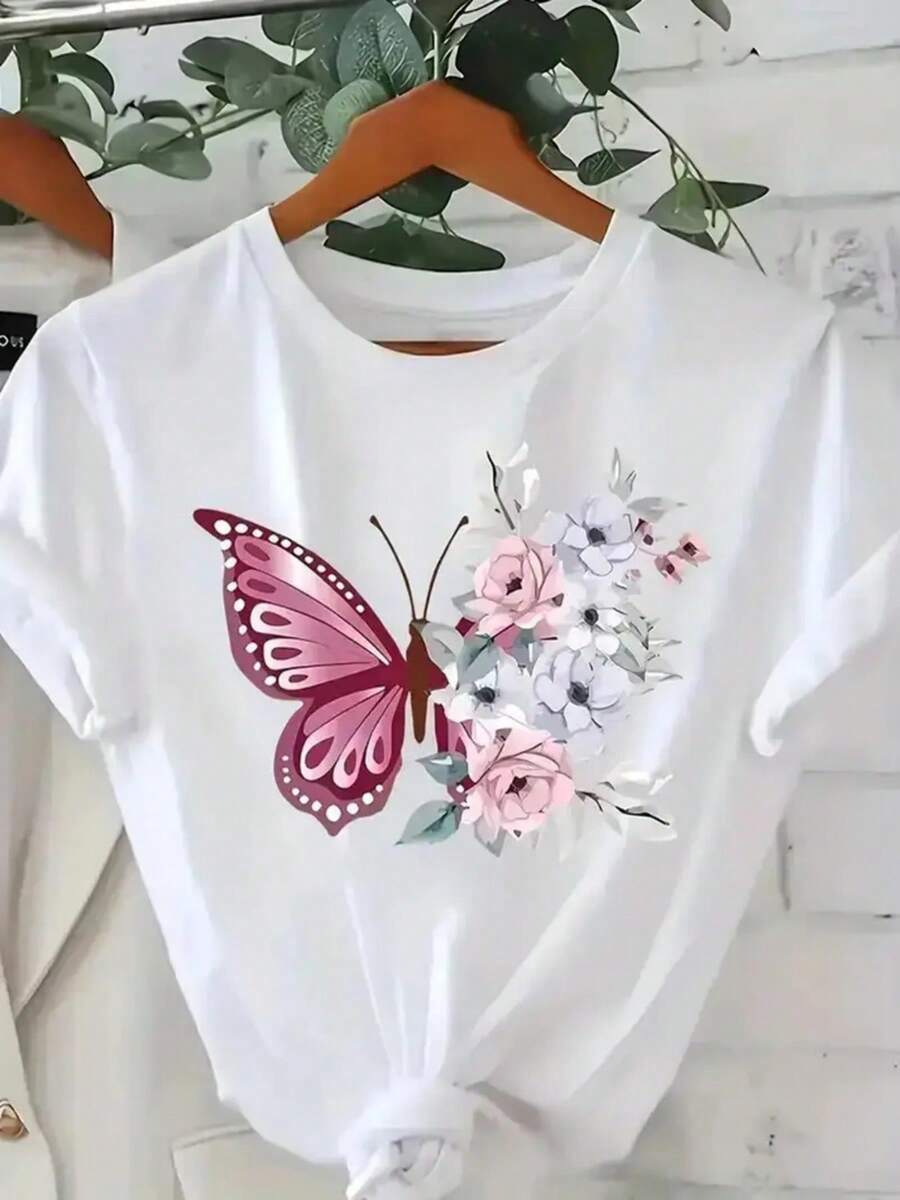 Camiseta Elegante para Mujer con Estampado - Cómoda y Sencilla, Cuello Redondo, Perfecta para Cualquier Temporada, Top Casual Chic para Comodidad Todo el Año, Camiseta para Mujer, Estilo sin Esfuerzo, Material Elástico, Ideal para Festivales, Vestimenta Casual. - Blanco - Ver 1