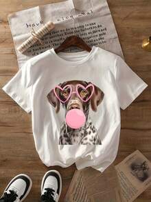 Women's T-Shirt With Graphic Cartoon Print Of A Short-Haired German Shorthaired Painted Dog - 100% Cotton, Loose Fit, Crew Neck, Short Sleeve, 180 G/M², Lightweight, Casual Summer Style With Random Print For Casual Wear, Sports And Outings, Y2k T-Shirt - 黑色 - 查看 10