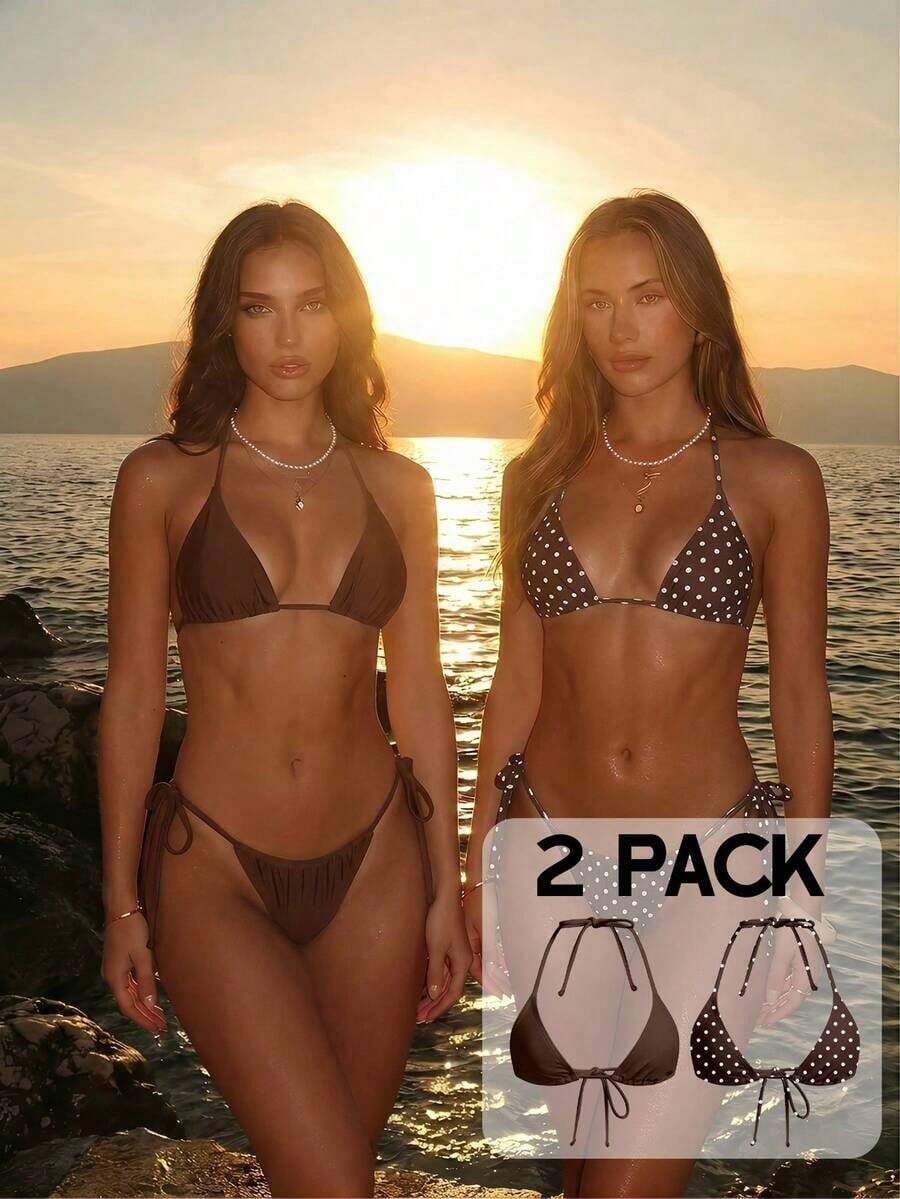 Conjunto de bikini de 2 piezas con estampado de lunares, traje de baño sexy para fiestas y festivales de música, atuendo de playa para vacaciones de mujer - Marrón - Ver 1