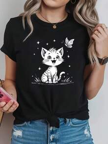 Camiseta manga corta cuello redondo 100% algodón, estampado trendy, tejido ligero y ventilado, estilo moda casual, apta para vida diaria, salidas informales y citas en primavera, verano y otoño - Negro - Ver 1
