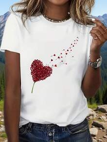 Women's Casual T-Shirt With Heart Print, Short Sleeve Top With Round Neck, Dandelion Design With Love Heart, Simple And Sophisticated, Casual And Elegant, Suitable For Everyday Wear - 白色 - 查看 4