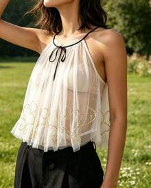 Women's Sheer Pleated Tulle Camisole Ruffled Neckline Spaghetti Strap Tank Tops With Sequins Heart Hem - White - View 2