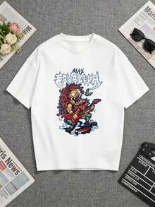 Camiseta blanca con un llamativo estampado de "Max Headcheese". ¡Perfecto tanto para amantes del rock como para entusiastas de la música! Una camiseta de manga corta adecuada para el hogar, el uso diario, fiestas y viajes-ideal como regalo para amigos o familiares. - Blanco - Ver 1