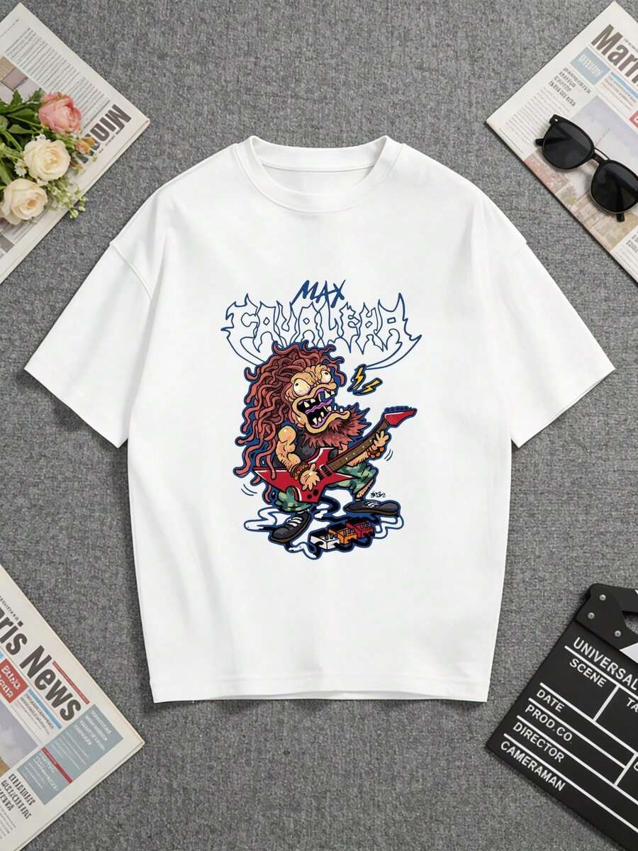Camiseta blanca con un llamativo estampado de "Max Headcheese". ¡Perfecto tanto para amantes del rock como para entusiastas de la música! Una camiseta de manga corta adecuada para el hogar, el uso diario, fiestas y viajes-ideal como regalo para amigos o familiares. - Blanco - Ver 1