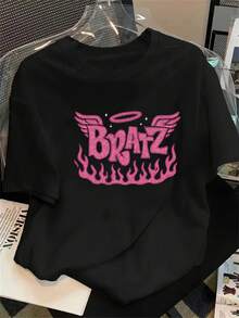1 pieza de camiseta casual de manga corta para mujer con estampado de letras '' y alas de llama, que muestra un estilo punk genial para Y2k. - Blanco - Ver 1