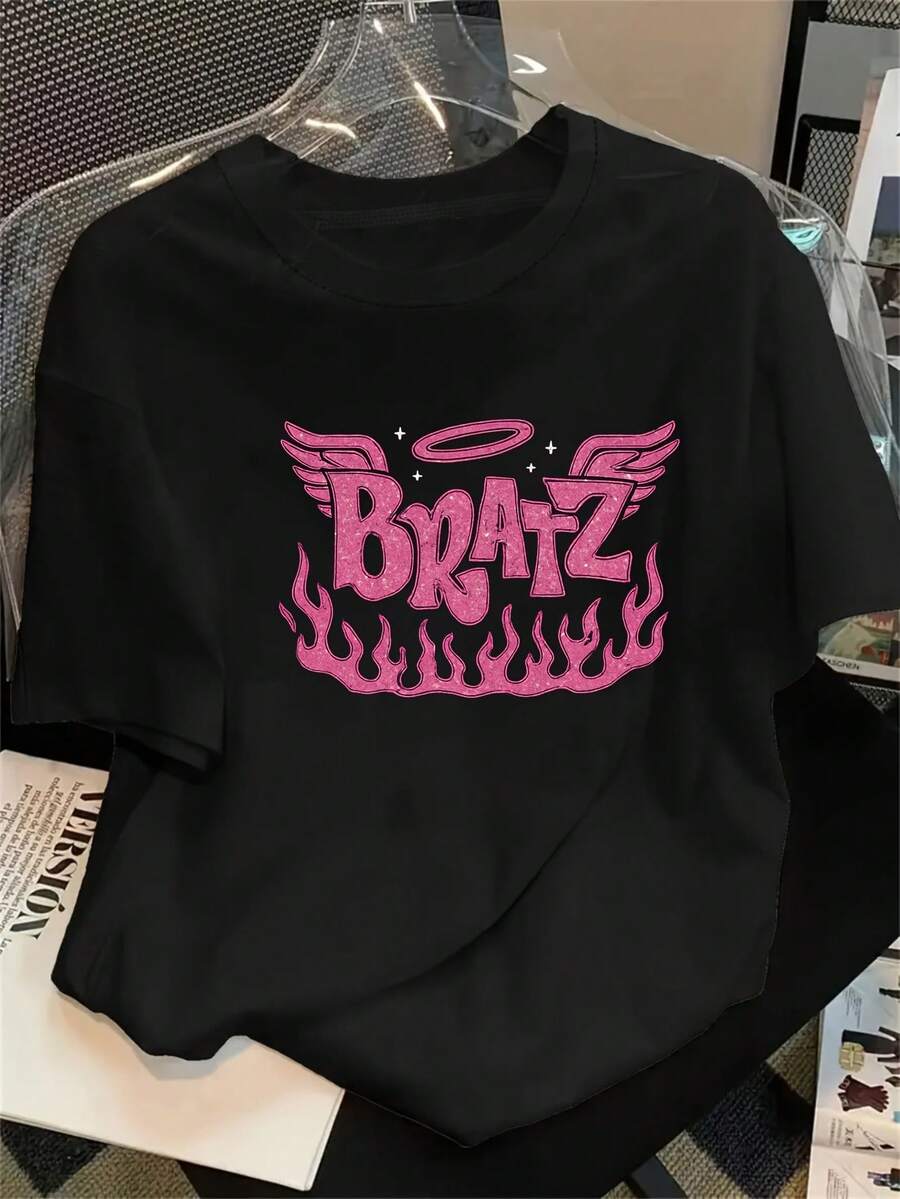 1 pieza de camiseta casual de manga corta para mujer con estampado de letras '' y alas de llama, que muestra un estilo punk genial para Y2k. - Blanco - Ver 1