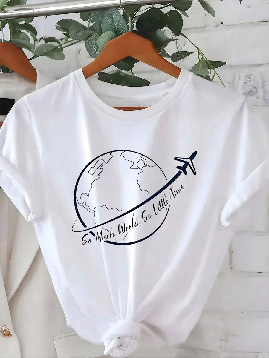 1 Piece Women's Casual Short Sleeve T-Shirt - Travel Exploration Theme With Globe And Airplane Design And "So Much World, So Little Time" Print, White With Navy Blue Graphic, Relaxed Fit, Machine Washable, Birthday Or Holiday Gift For Women And Teens, Comfortable Everyday Wear, Adventure Wear, Minimalist Style, Comfortable Clothing, Y2k T-Shirt. - 黑色 - 查看 1