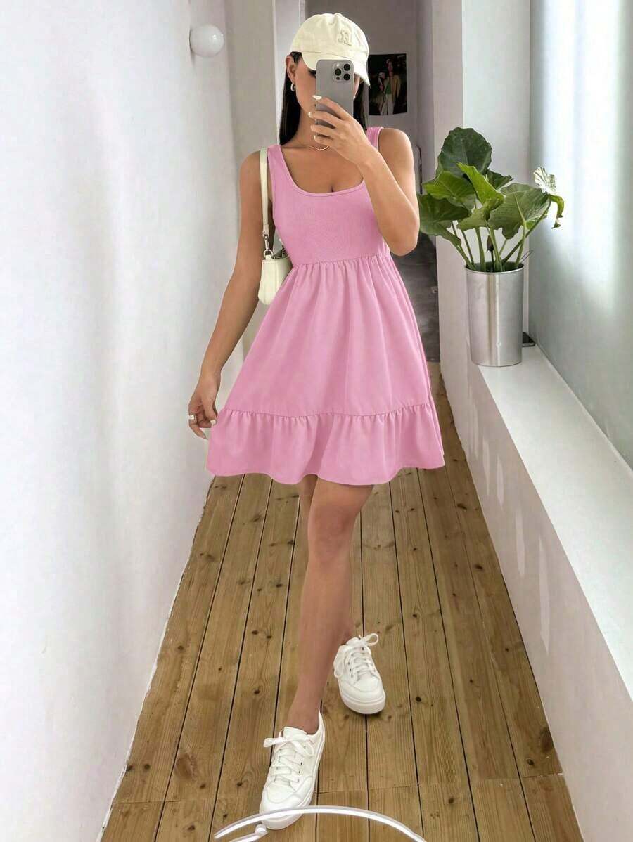 Vestido Sin Mangas De Mujer Con Cuello Cuadrado De Punto Acanalado Y Parches - Rosa - Ver 1